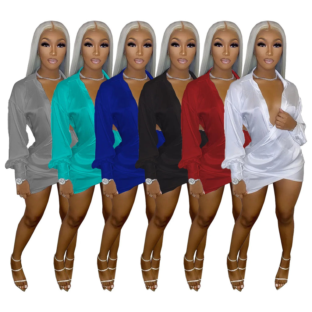 Solid Women Long Sleeve Deep V-neck Midi Mini Dress Sexy Blouses Style Ruched Above knee Dresses Outfits