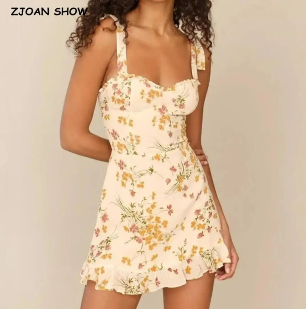 2022 Women Retro Slit V neck Corset Tie Bow Strap Dress Floral Print Chiffon Wood ears Ruffle Hem Cake Mini Party Dresses Robe
