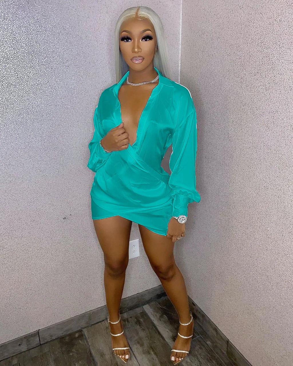 Solid Women Long Sleeve Deep V-neck Midi Mini Dress Sexy Blouses Style Ruched Above knee Dresses Outfits