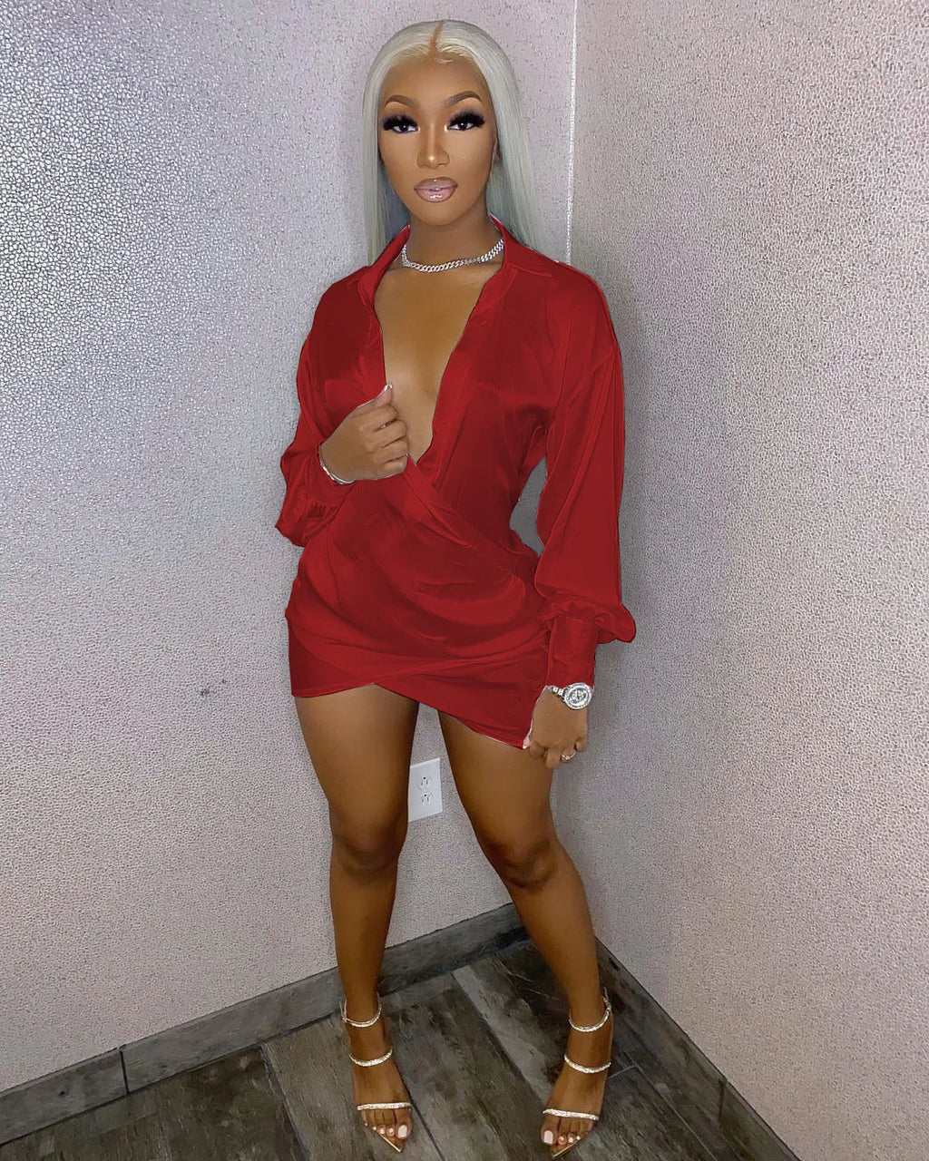 Solid Women Long Sleeve Deep V-neck Midi Mini Dress Sexy Blouses Style Ruched Above knee Dresses Outfits