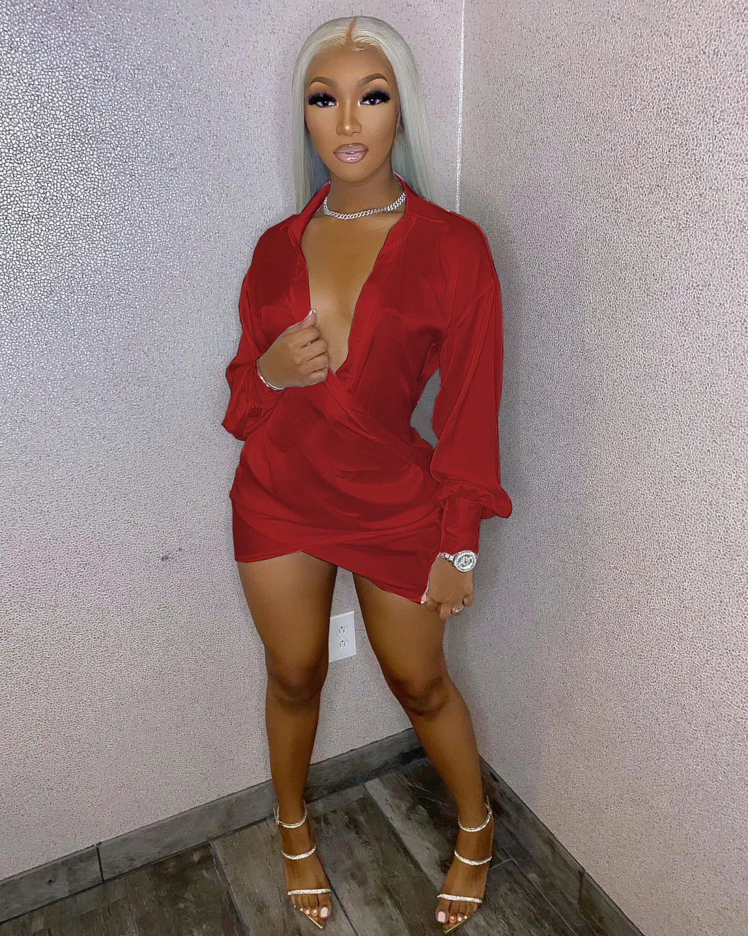 Solid Women Long Sleeve Deep V-neck Midi Mini Dress Sexy Blouses Style Ruched Above knee Dresses Outfits