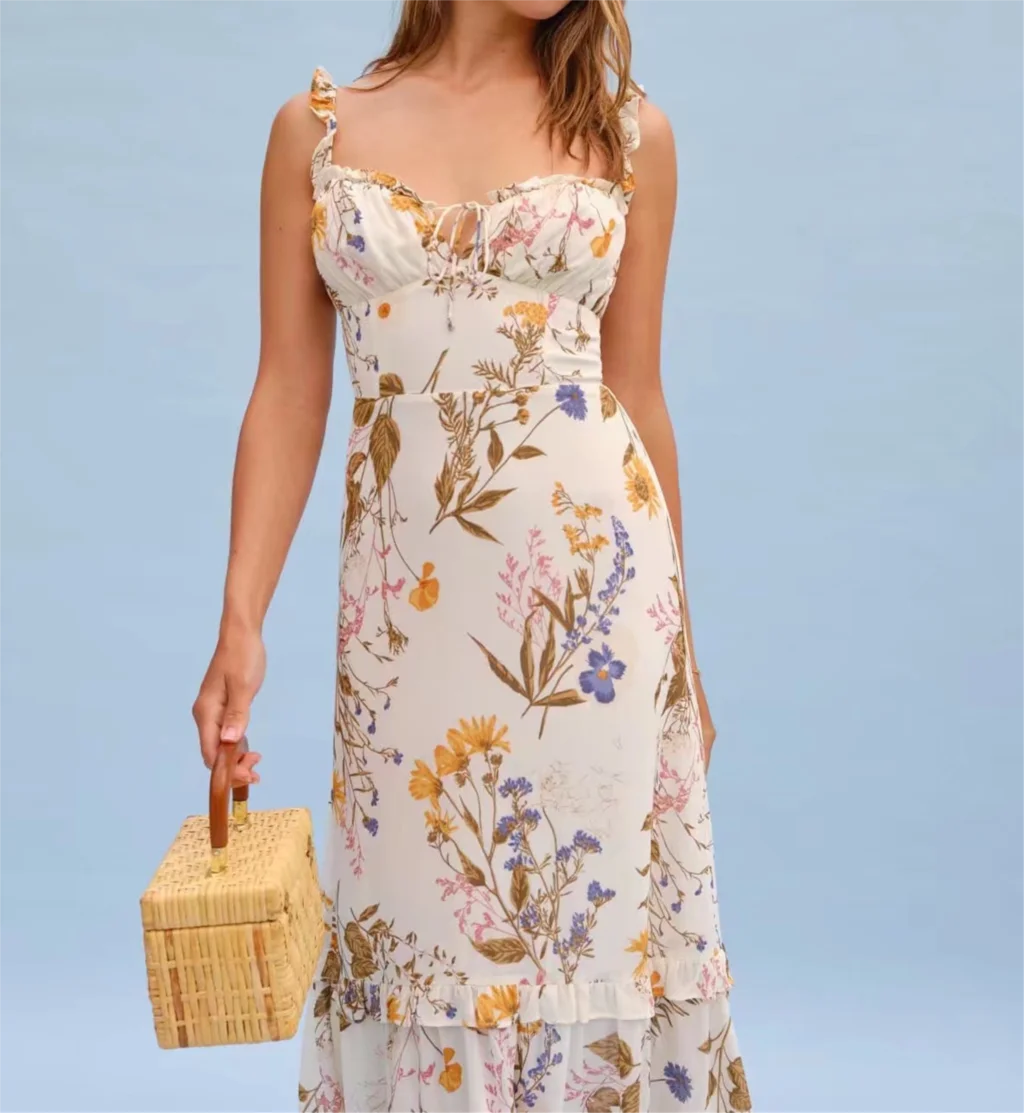 2022 Women Retro Slit V neck Corset Tie Bow Strap Dress Floral Print Chiffon Wood ears Ruffle Hem Cake Mini Party Dresses Robe
