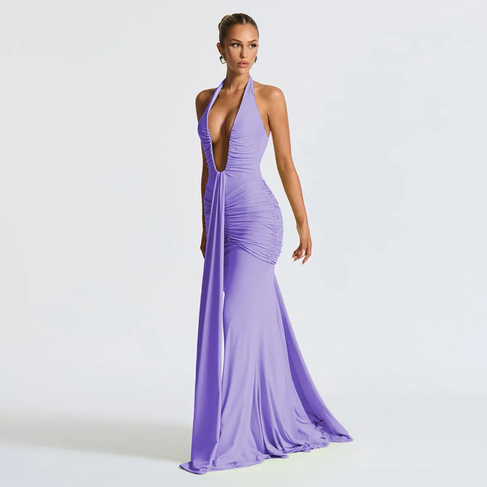 Fantoye Sexy Deep V-neck Pleated Ribbon Women Mermaid Dress White Backless Evening Dress Summer Slim Elegant Party Club Outfits