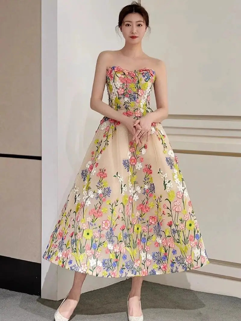Sweet Fairy Flowers Evening Dresses Sexy Strapless Tea-length Prom Dress New Elegant A Line Robe Soiree Longue Customized