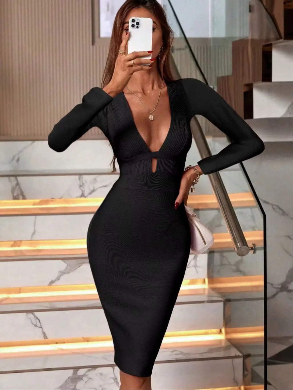 Women's Fashion Spring Summer Sexy Elegant Black Long Sleeve Midi Backless Bodycon Bandage Dress Party Cocktail Evening Dress