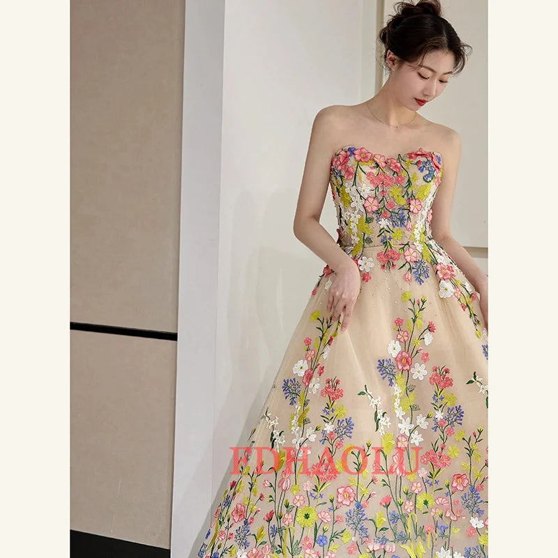 Sweet Fairy Flowers Evening Dresses Sexy Strapless Tea-length Prom Dress New Elegant A Line Robe Soiree Longue Customized
