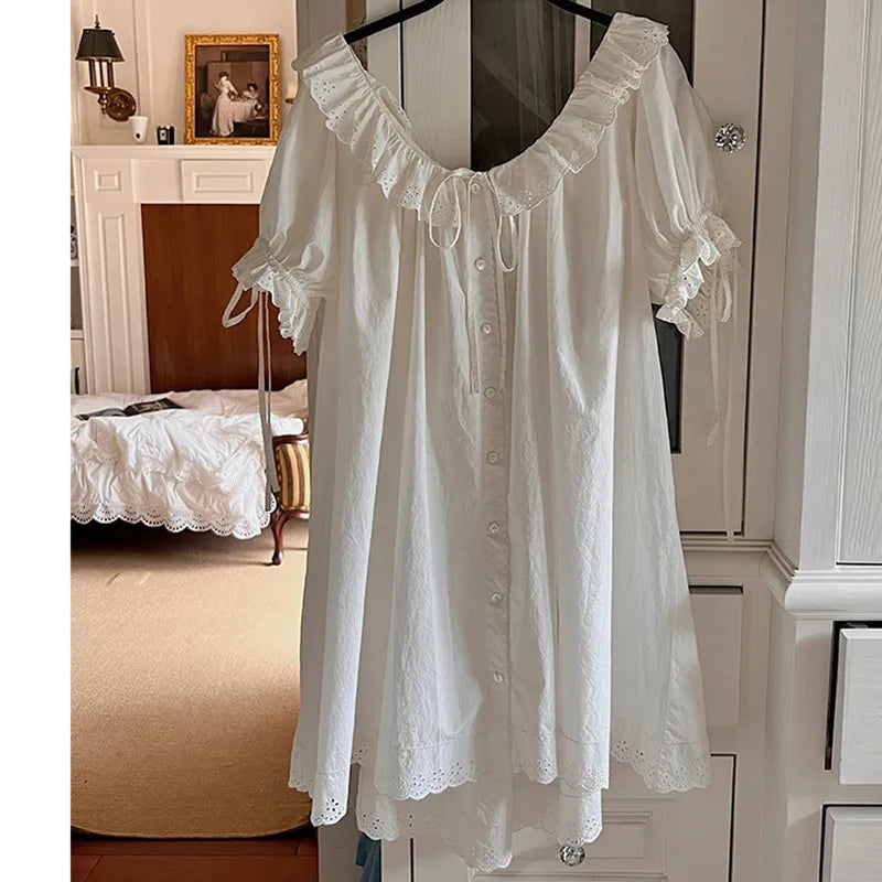 French Women Sweet Nightdress Large Size Cardigan 100% Cotton Nightie Princess Vintage Ruffles Collar Short Sleeve Nightgowns