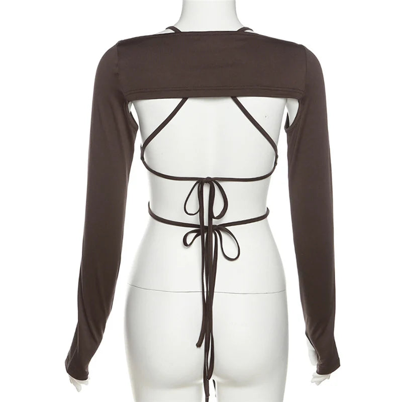 Y2K Streetwear 2-Piece Set Long Sleeve Halter Neck Crop Top Irregular Backless Mini Dress Combo for Women Trendy Aesthetic