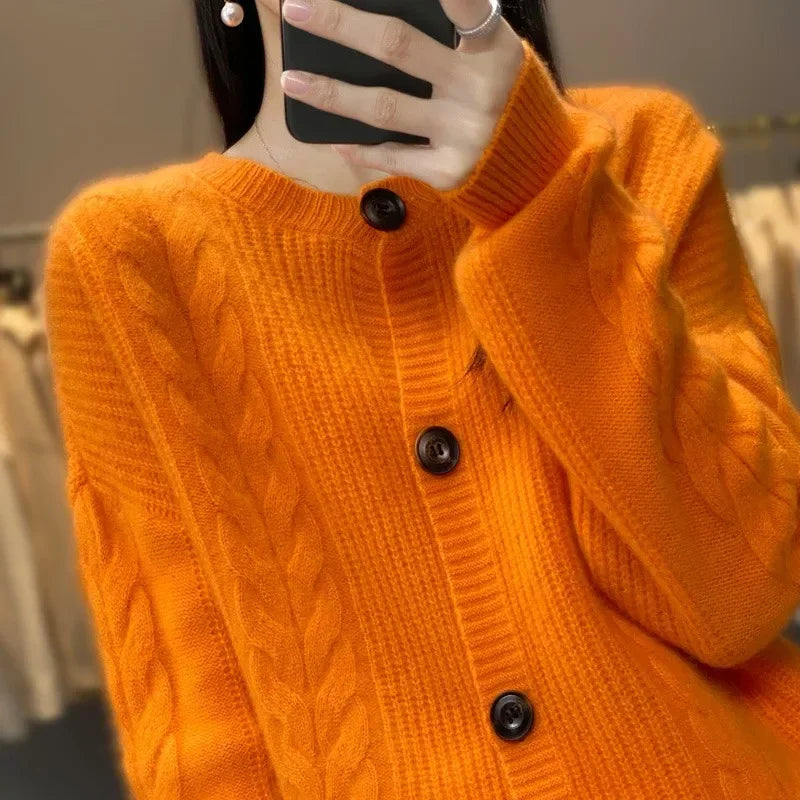 Spring New 100 Pure Cashmere Sweater Coat Women's Loose Vintage Sweater Short Style Thickened Wool Knitted Cardigan