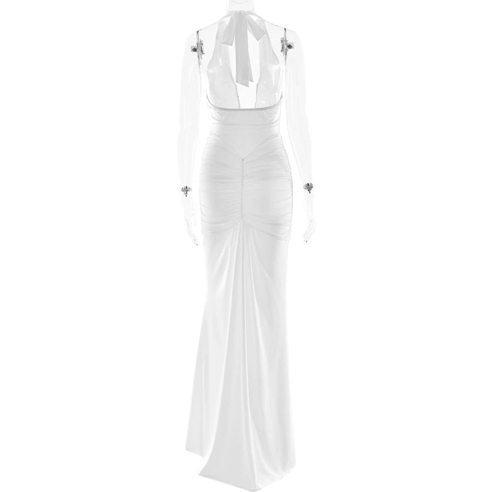 Fantoye Sexy Deep V-neck Pleated Ribbon Women Mermaid Dress White Backless Evening Dress Summer Slim Elegant Party Club Outfits