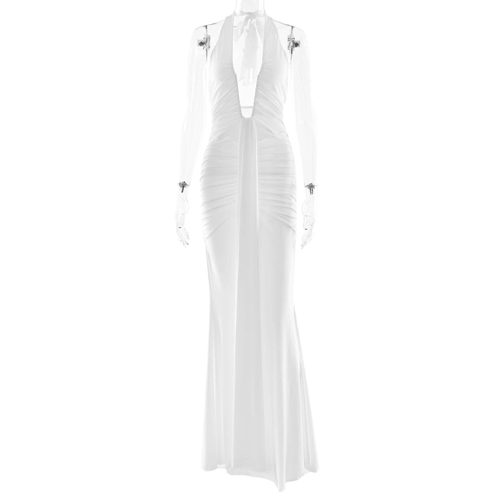 Fantoye Sexy Deep V-neck Pleated Ribbon Women Mermaid Dress White Backless Evening Dress Summer Slim Elegant Party Club Outfits