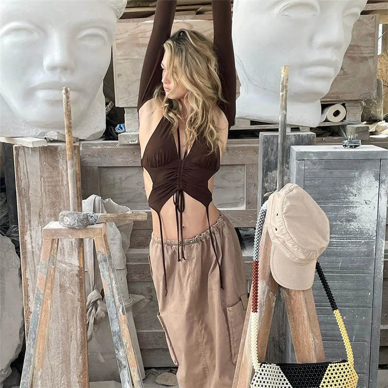 Y2K Streetwear 2-Piece Set Long Sleeve Halter Neck Crop Top Irregular Backless Mini Dress Combo for Women Trendy Aesthetic