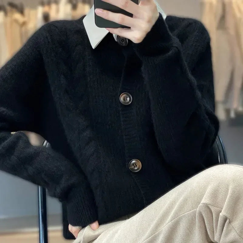 Spring New 100 Pure Cashmere Sweater Coat Women's Loose Vintage Sweater Short Style Thickened Wool Knitted Cardigan
