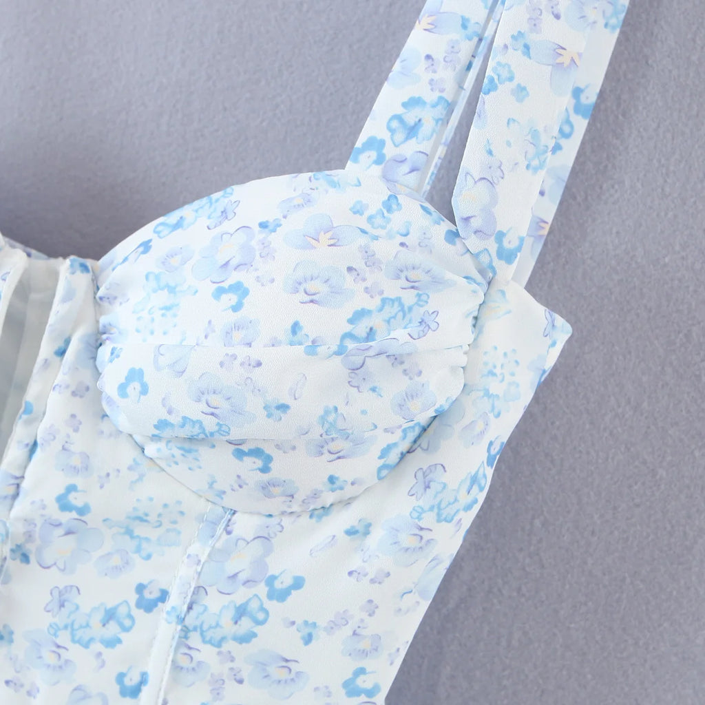 2022 Women Retro Slit V neck Corset Tie Bow Strap Dress Floral Print Chiffon Wood ears Ruffle Hem Cake Mini Party Dresses Robe