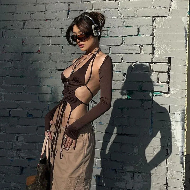 Y2K Streetwear 2-Piece Set Long Sleeve Halter Neck Crop Top Irregular Backless Mini Dress Combo for Women Trendy Aesthetic