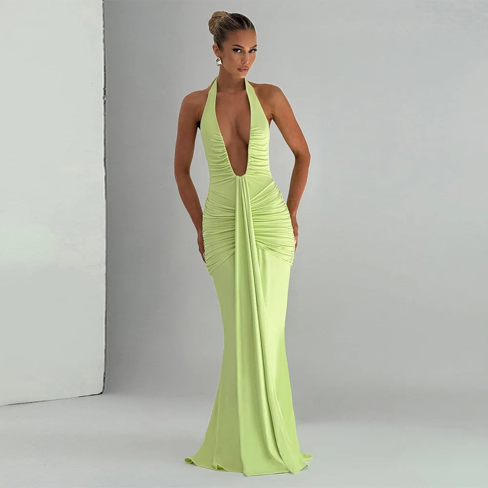 Fantoye Sexy Deep V-neck Pleated Ribbon Women Mermaid Dress White Backless Evening Dress Summer Slim Elegant Party Club Outfits