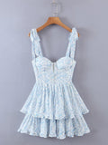 2022 Women Retro Slit V neck Corset Tie Bow Strap Dress Floral Print Chiffon Wood ears Ruffle Hem Cake Mini Party Dresses Robe