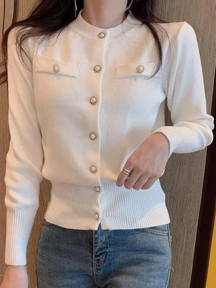 Korean Version Solid Color Long Sleeved Knitted Cardigan Sweet Slim Button Sweater Autumn and Winter Elegant Women's Tops 17375
