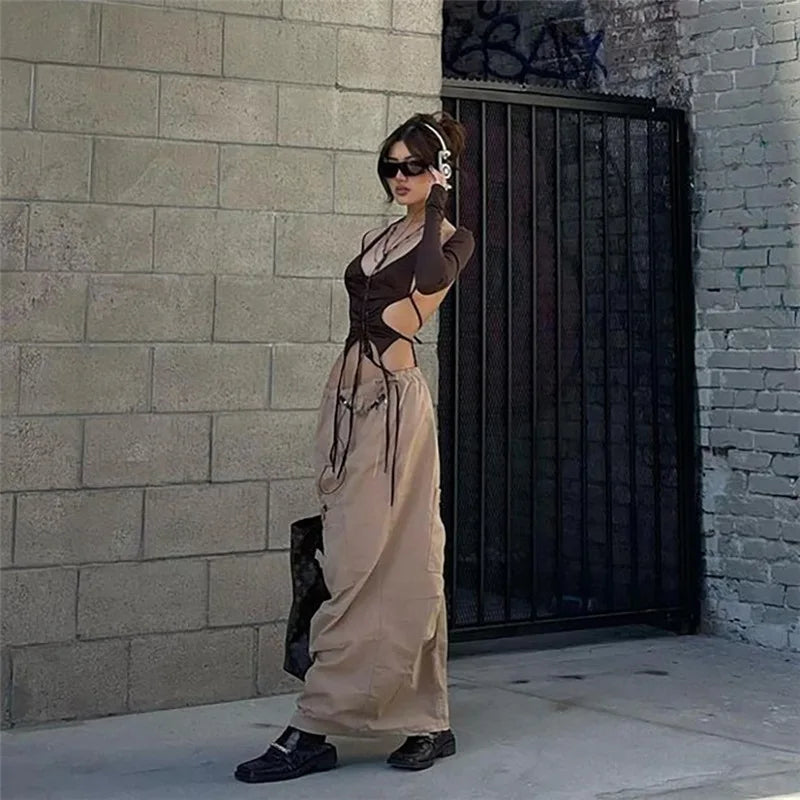 Y2K Streetwear 2-Piece Set Long Sleeve Halter Neck Crop Top Irregular Backless Mini Dress Combo for Women Trendy Aesthetic