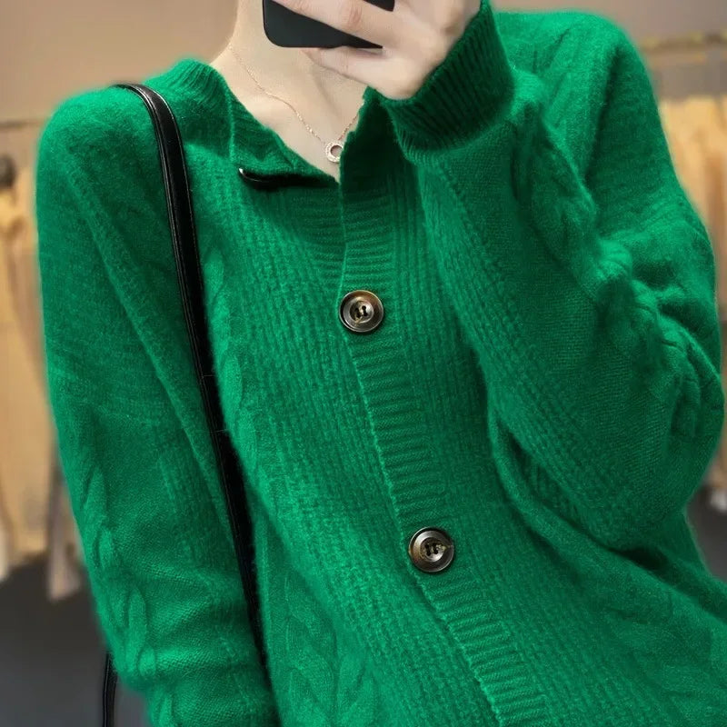 Spring New 100 Pure Cashmere Sweater Coat Women's Loose Vintage Sweater Short Style Thickened Wool Knitted Cardigan