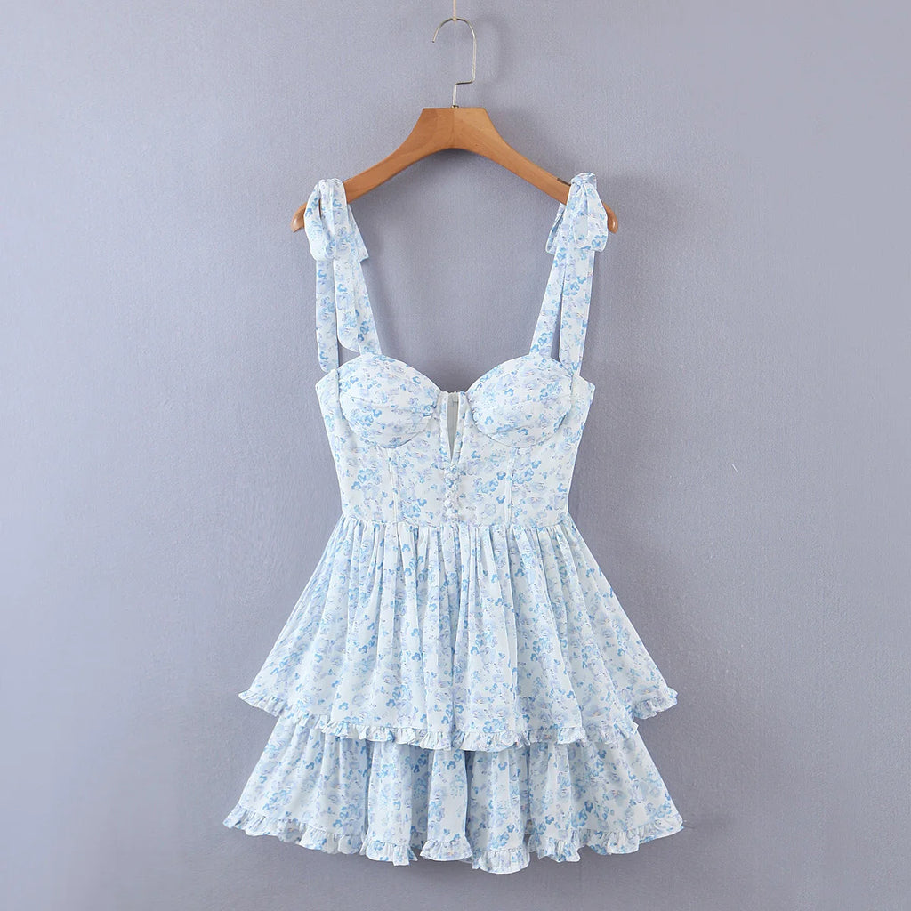 2022 Women Retro Slit V neck Corset Tie Bow Strap Dress Floral Print Chiffon Wood ears Ruffle Hem Cake Mini Party Dresses Robe