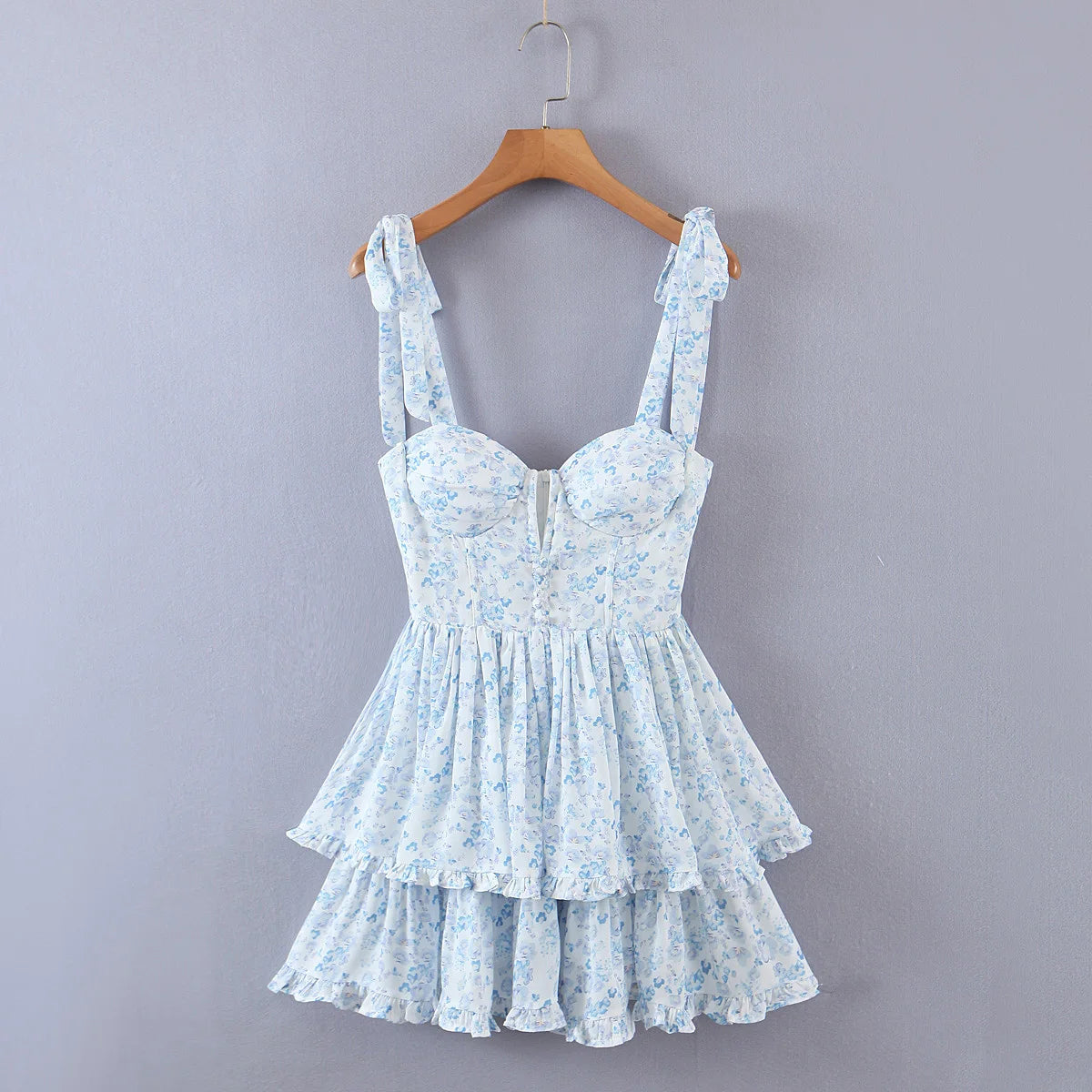 2022 Women Retro Slit V neck Corset Tie Bow Strap Dress Floral Print Chiffon Wood ears Ruffle Hem Cake Mini Party Dresses Robe