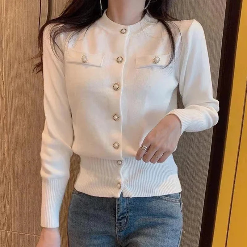 Korean Version Solid Color Long Sleeved Knitted Cardigan Sweet Slim Button Sweater Autumn and Winter Elegant Women's Tops 17375