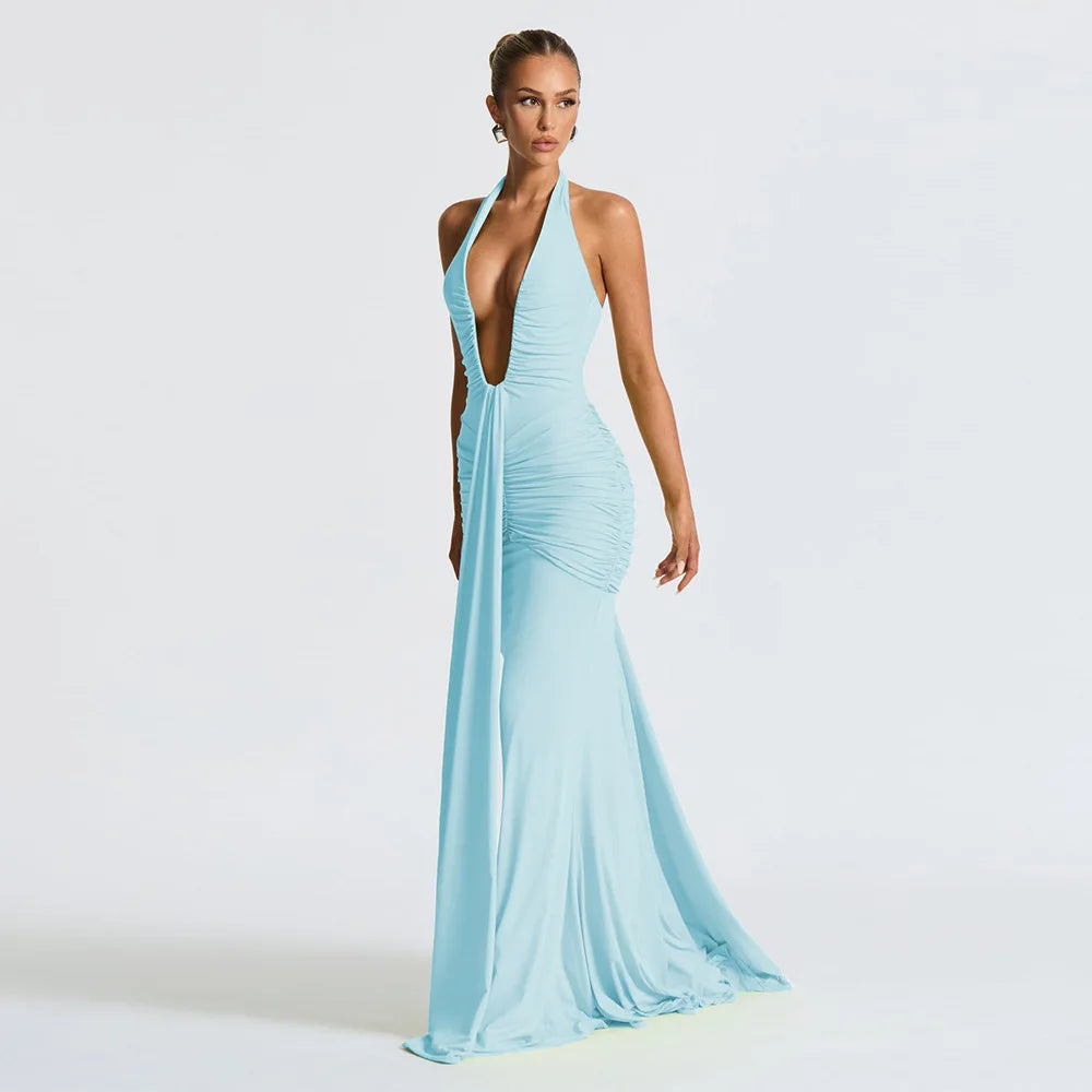 Fantoye Sexy Deep V-neck Pleated Ribbon Women Mermaid Dress White Backless Evening Dress Summer Slim Elegant Party Club Outfits