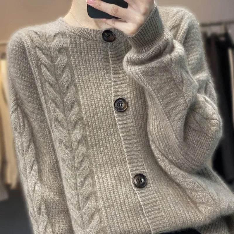 Spring New 100 Pure Cashmere Sweater Coat Women's Loose Vintage Sweater Short Style Thickened Wool Knitted Cardigan