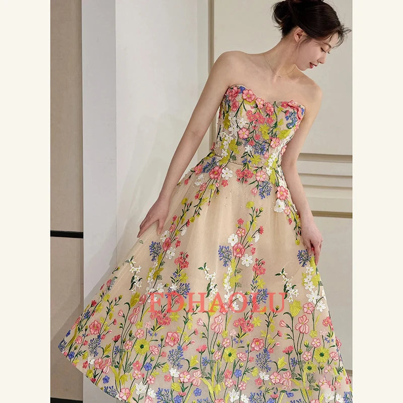 Sweet Fairy Flowers Evening Dresses Sexy Strapless Tea-length Prom Dress New Elegant A Line Robe Soiree Longue Customized