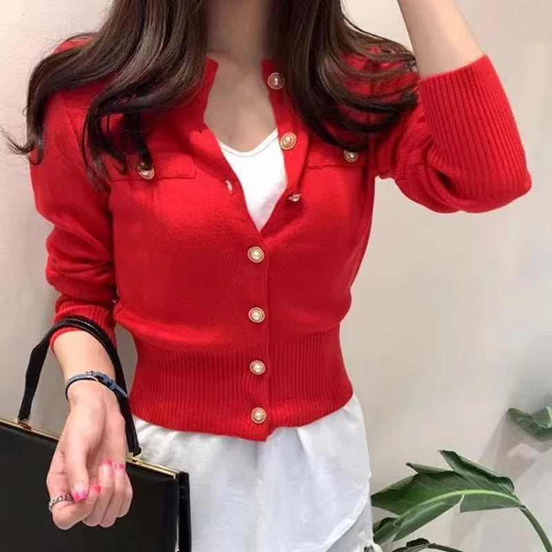 Korean Version Solid Color Long Sleeved Knitted Cardigan Sweet Slim Button Sweater Autumn and Winter Elegant Women's Tops 17375