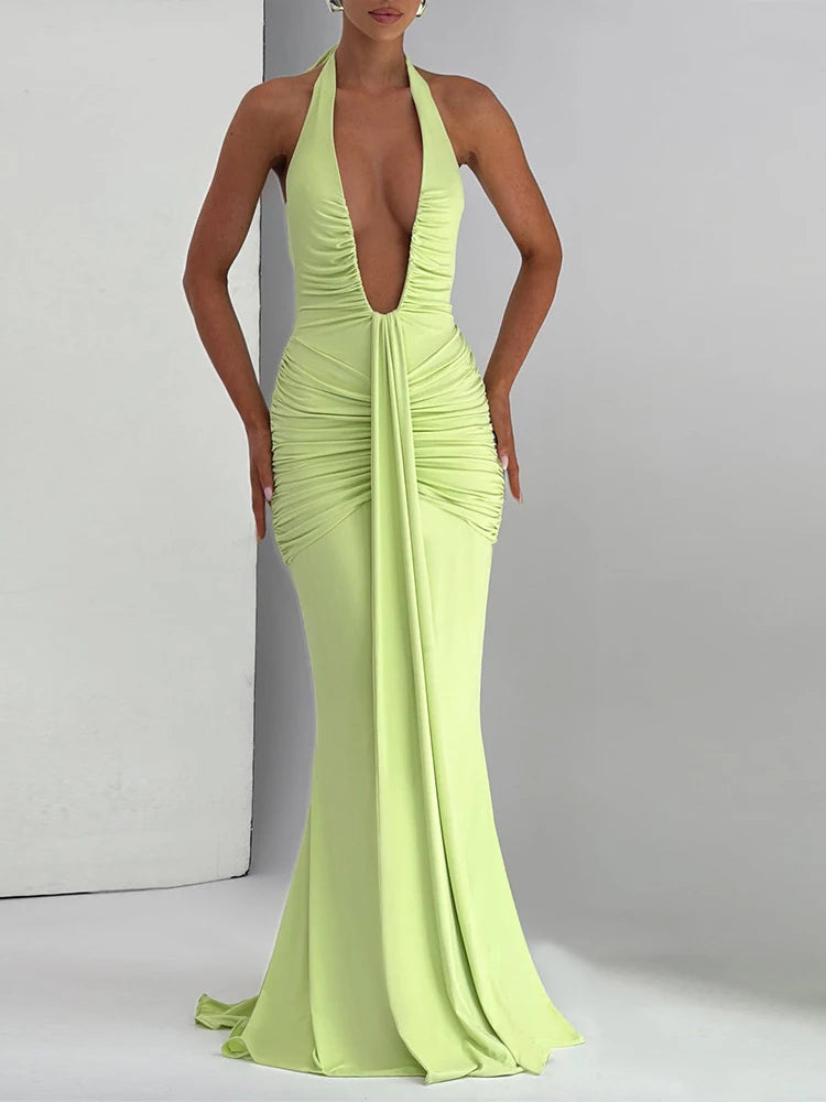 Fantoye Sexy Deep V-neck Pleated Ribbon Women Mermaid Dress White Backless Evening Dress Summer Slim Elegant Party Club Outfits