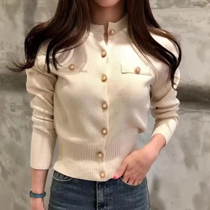 Korean Version Solid Color Long Sleeved Knitted Cardigan Sweet Slim Button Sweater Autumn and Winter Elegant Women's Tops 17375