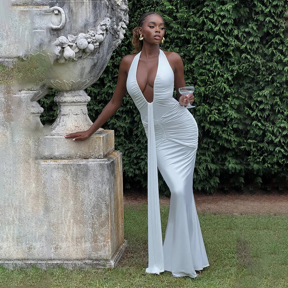Fantoye Sexy Deep V-neck Pleated Ribbon Women Mermaid Dress White Backless Evening Dress Summer Slim Elegant Party Club Outfits