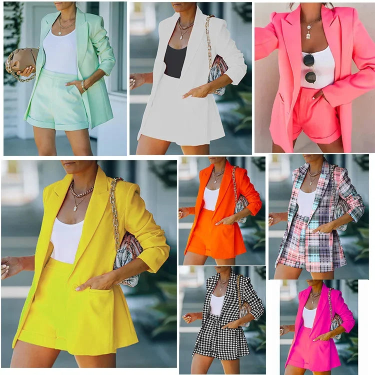 2026 Elegant Two Piece Blazer Suit Sets Women OL Office Sets Slim Cardigan Blazer Shorts Solid 2 Piece Set Casual Blazers Set