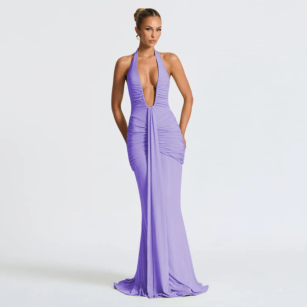 Fantoye Sexy Deep V-neck Pleated Ribbon Women Mermaid Dress White Backless Evening Dress Summer Slim Elegant Party Club Outfits