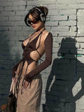 Y2K Streetwear 2-Piece Set Long Sleeve Halter Neck Crop Top Irregular Backless Mini Dress Combo for Women Trendy Aesthetic