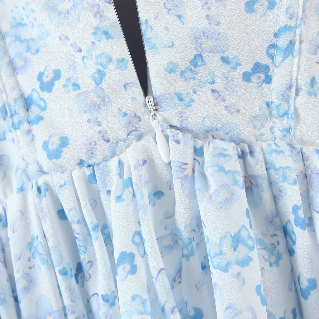 2022 Women Retro Slit V neck Corset Tie Bow Strap Dress Floral Print Chiffon Wood ears Ruffle Hem Cake Mini Party Dresses Robe