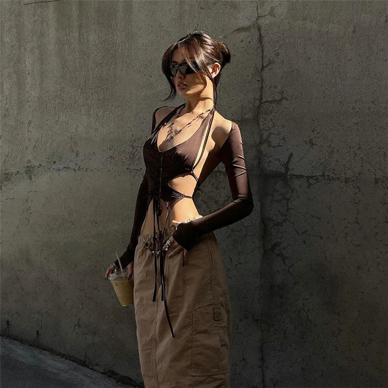 Y2K Streetwear 2-Piece Set Long Sleeve Halter Neck Crop Top Irregular Backless Mini Dress Combo for Women Trendy Aesthetic