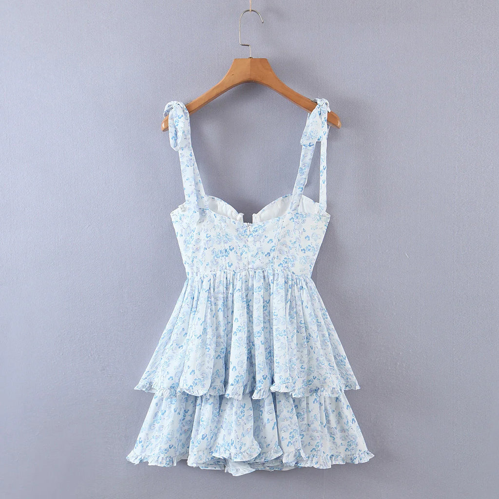 2022 Women Retro Slit V neck Corset Tie Bow Strap Dress Floral Print Chiffon Wood ears Ruffle Hem Cake Mini Party Dresses Robe