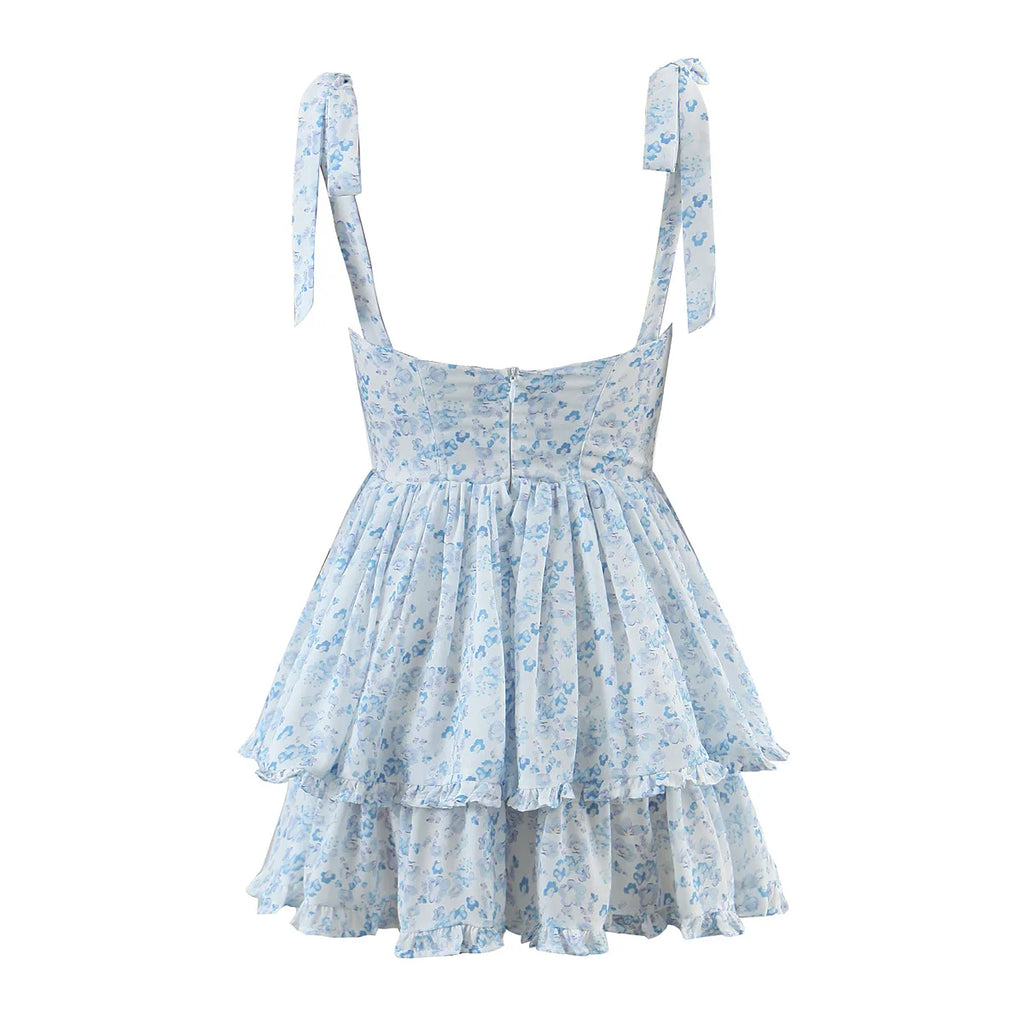 2022 Women Retro Slit V neck Corset Tie Bow Strap Dress Floral Print Chiffon Wood ears Ruffle Hem Cake Mini Party Dresses Robe