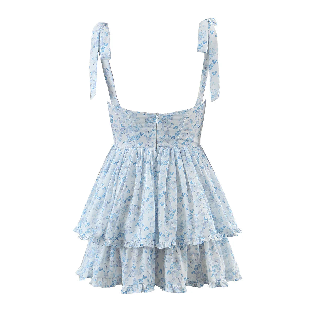 2022 Women Retro Slit V neck Corset Tie Bow Strap Dress Floral Print Chiffon Wood ears Ruffle Hem Cake Mini Party Dresses Robe