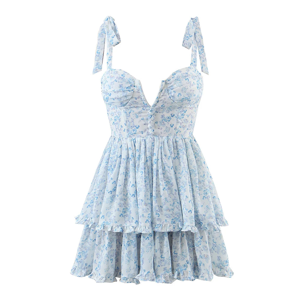 2022 Women Retro Slit V neck Corset Tie Bow Strap Dress Floral Print Chiffon Wood ears Ruffle Hem Cake Mini Party Dresses Robe