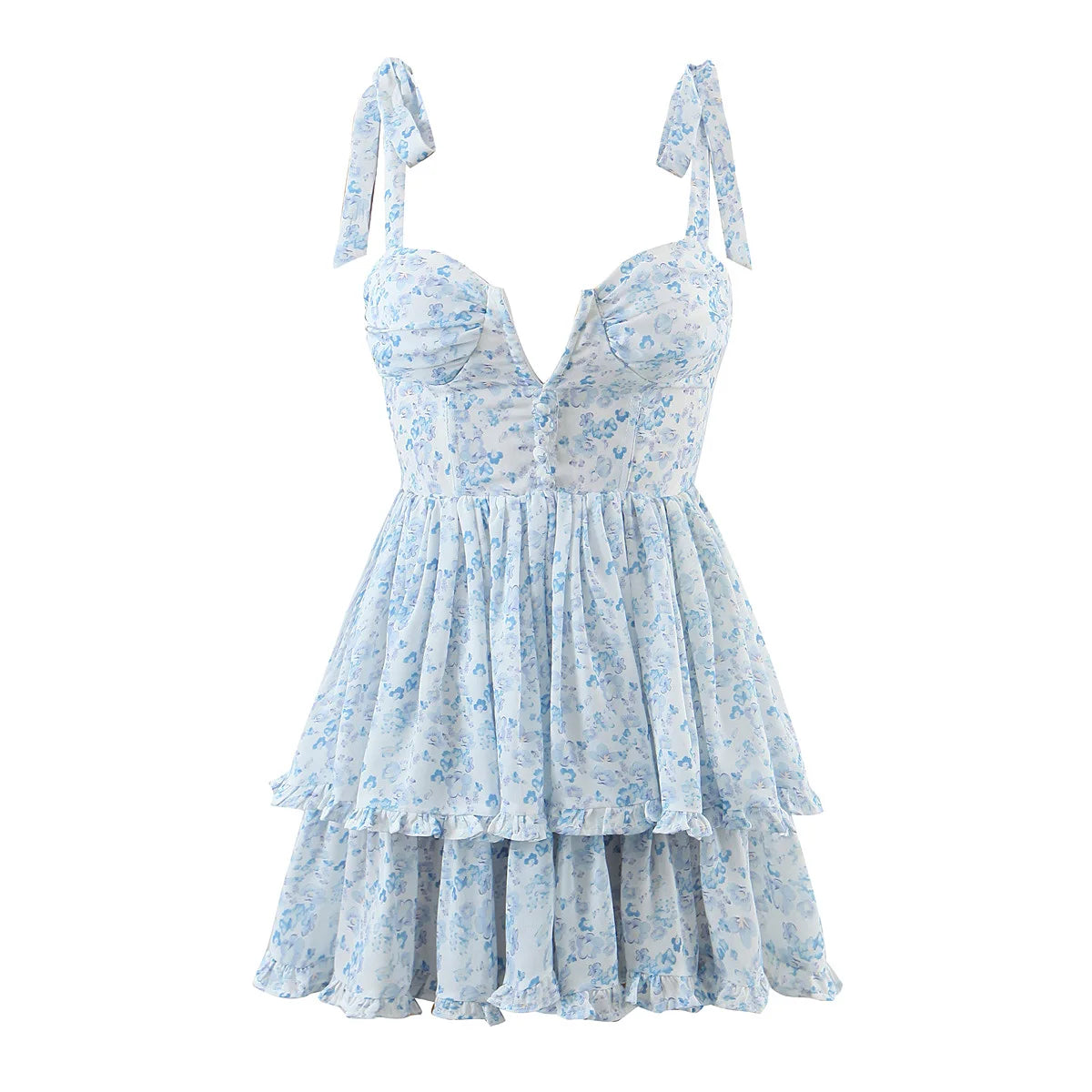 2022 Women Retro Slit V neck Corset Tie Bow Strap Dress Floral Print Chiffon Wood ears Ruffle Hem Cake Mini Party Dresses Robe