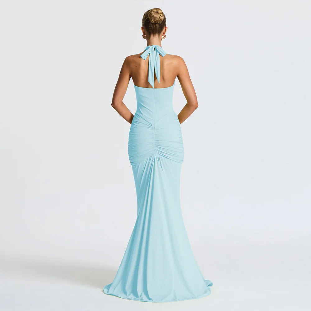 Fantoye Sexy Deep V-neck Pleated Ribbon Women Mermaid Dress White Backless Evening Dress Summer Slim Elegant Party Club Outfits