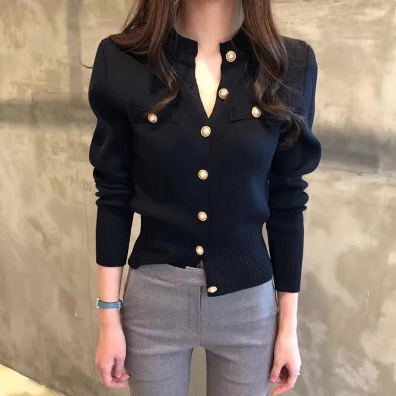 Korean Version Solid Color Long Sleeved Knitted Cardigan Sweet Slim Button Sweater Autumn and Winter Elegant Women's Tops 17375