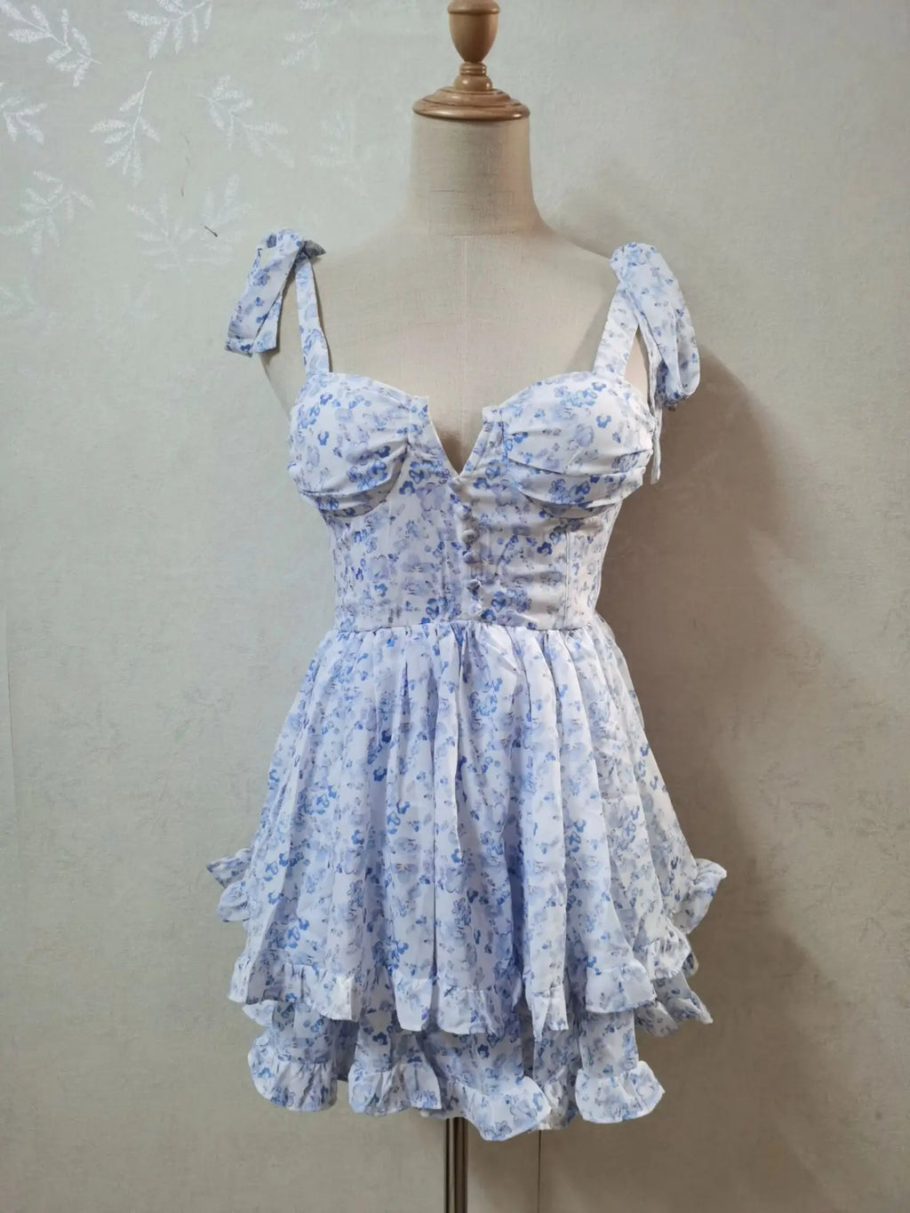 2022 Women Retro Slit V neck Corset Tie Bow Strap Dress Floral Print Chiffon Wood ears Ruffle Hem Cake Mini Party Dresses Robe