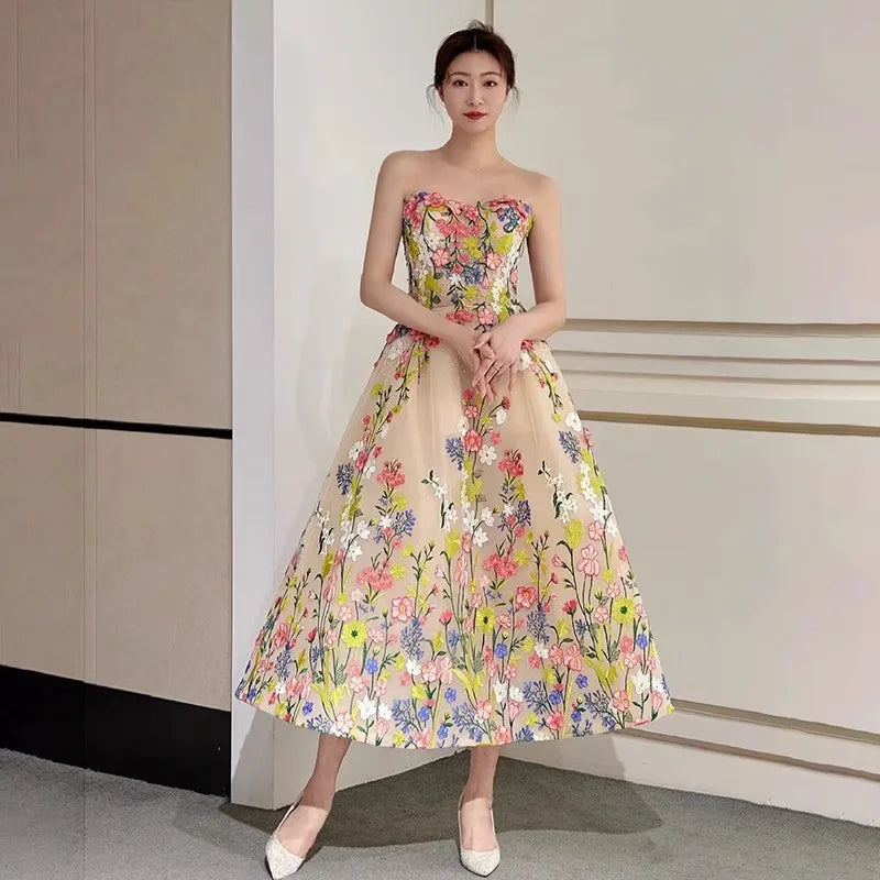 Sweet Fairy Flowers Evening Dresses Sexy Strapless Tea-length Prom Dress New Elegant A Line Robe Soiree Longue Customized
