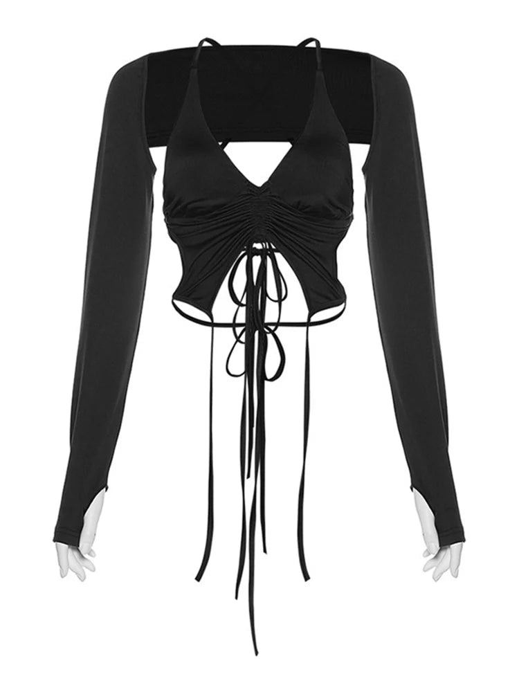 Y2K Streetwear 2-Piece Set Long Sleeve Halter Neck Crop Top Irregular Backless Mini Dress Combo for Women Trendy Aesthetic