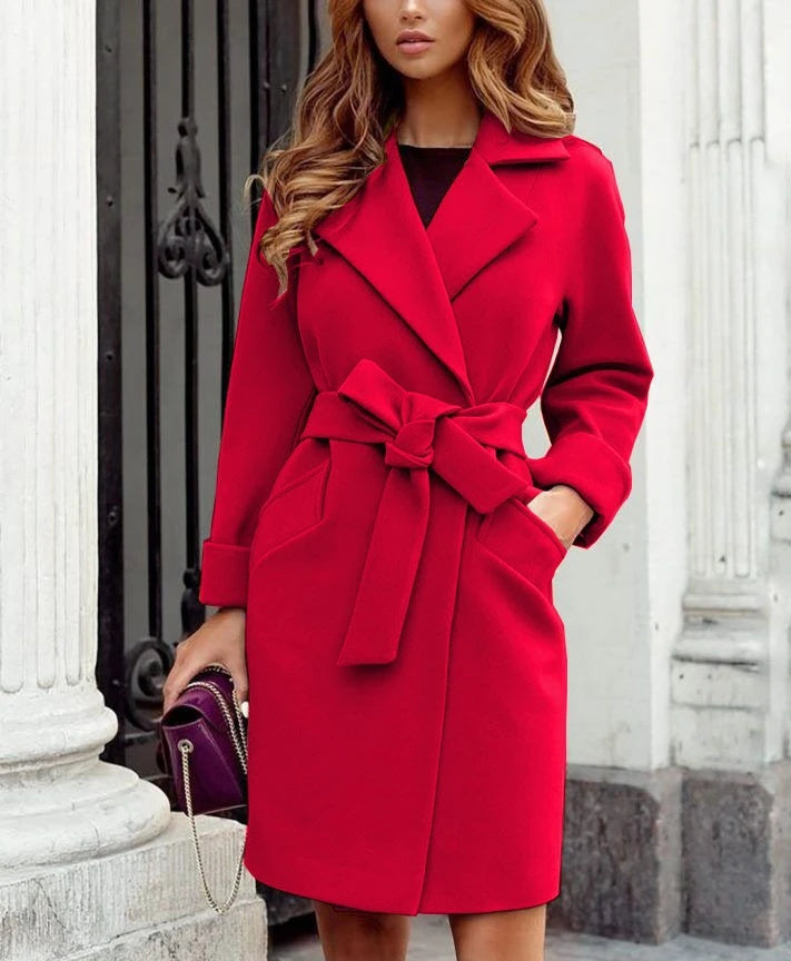 2023 Autumn and Winter Women's Fashionable Slim Fit Temperament Woolen Coat, Suit Collar Belt Slim Tie Long-sleeved Woolen Coat